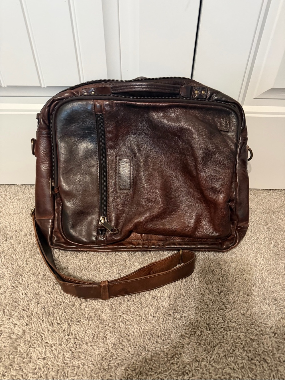 Bed Stu Dark Brown Leather Messenger Bag with Front Zip Pocket
